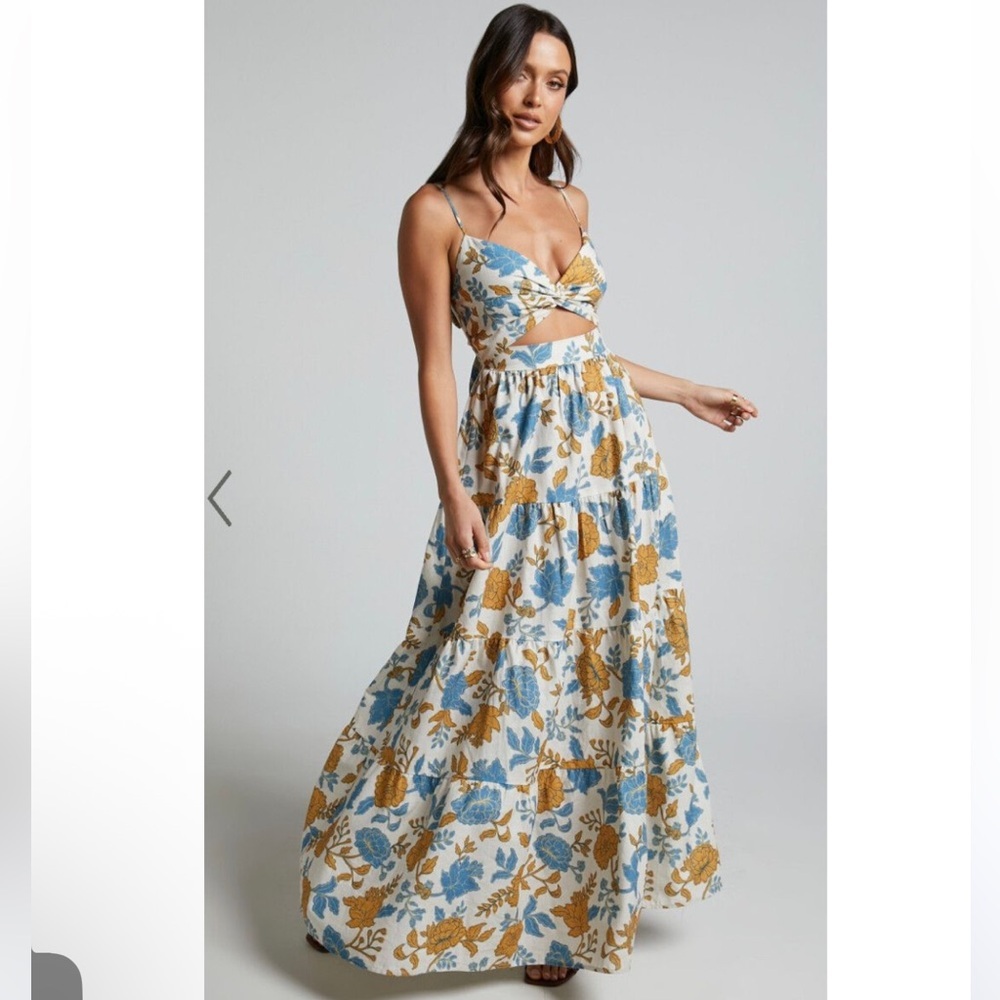 Showpo Amalie Floral Tiered Midi Twist Front Dress Ring Detail Size US 4